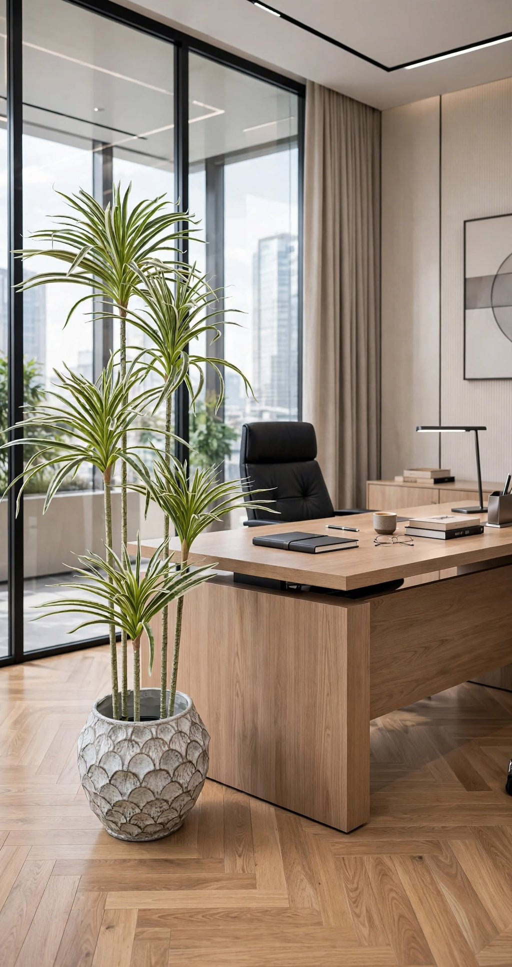 Tall artificial Dracaena plant displayed in a grand hotel lobby with marble flooring