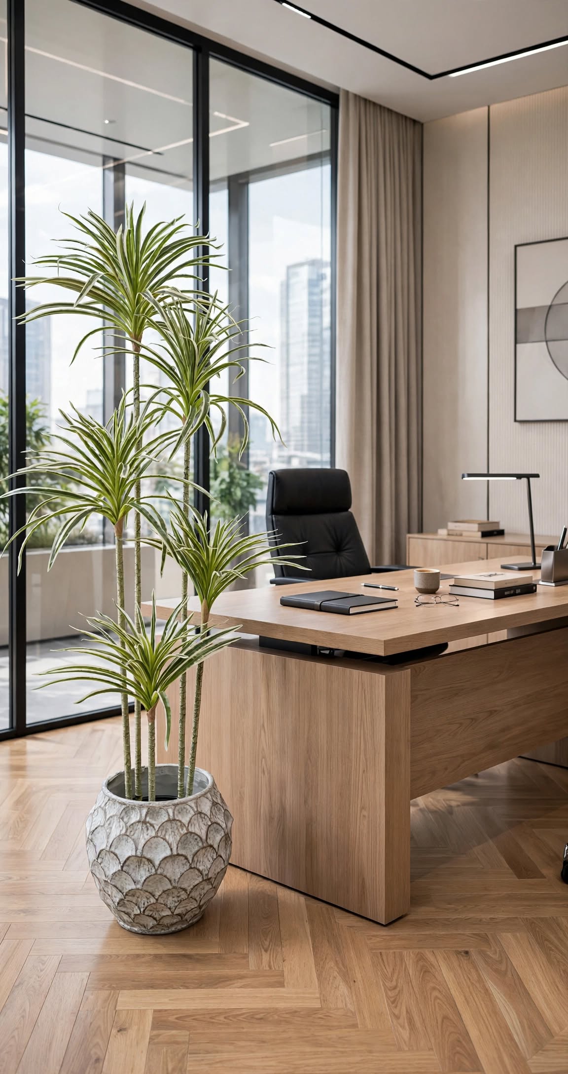 Tall artificial Dracaena plant displayed in a grand hotel lobby with marble flooring