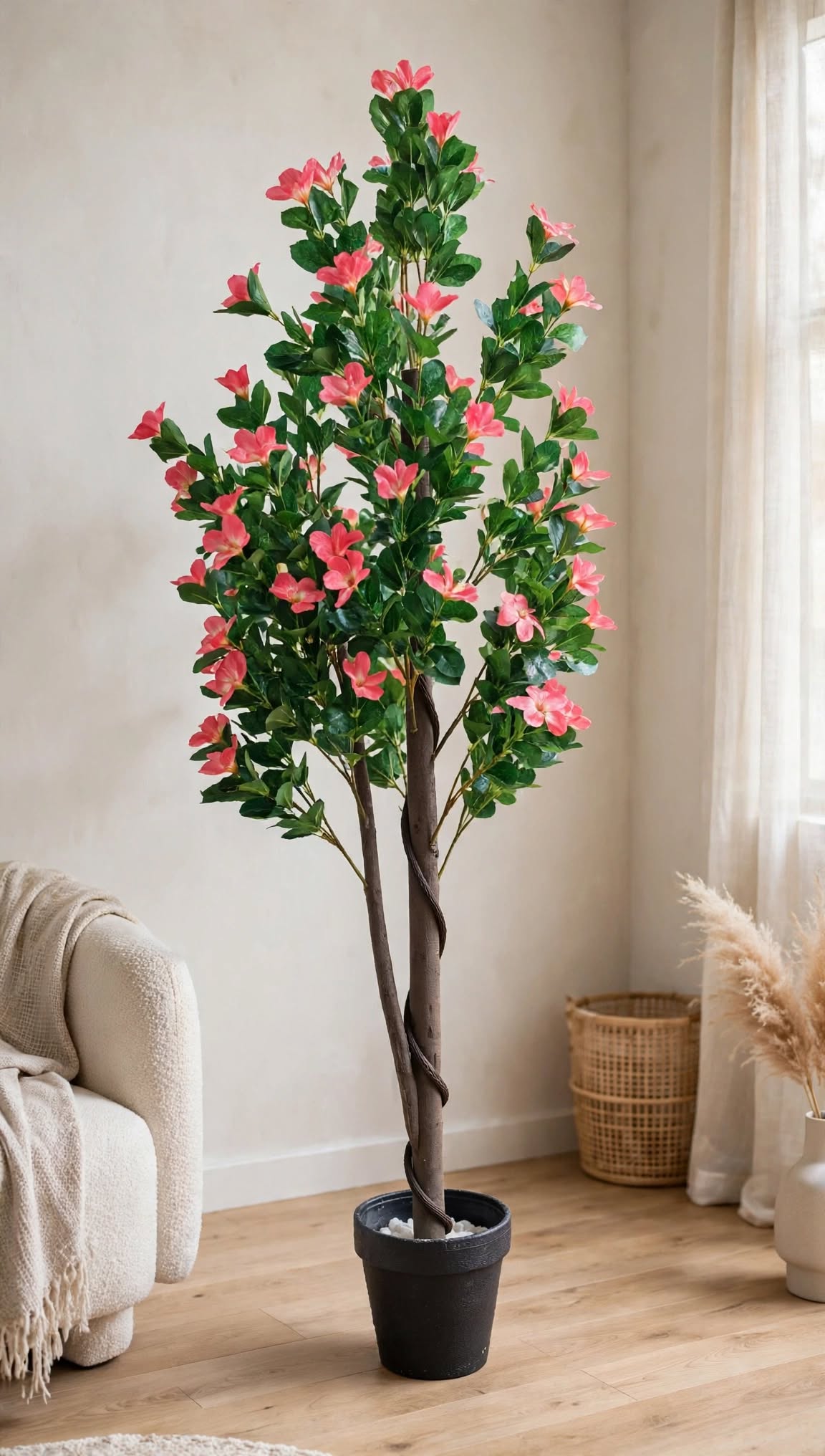 70 inch artificial Bougainvillea tree with pink blossoms in a black pot – styled in a bright living room