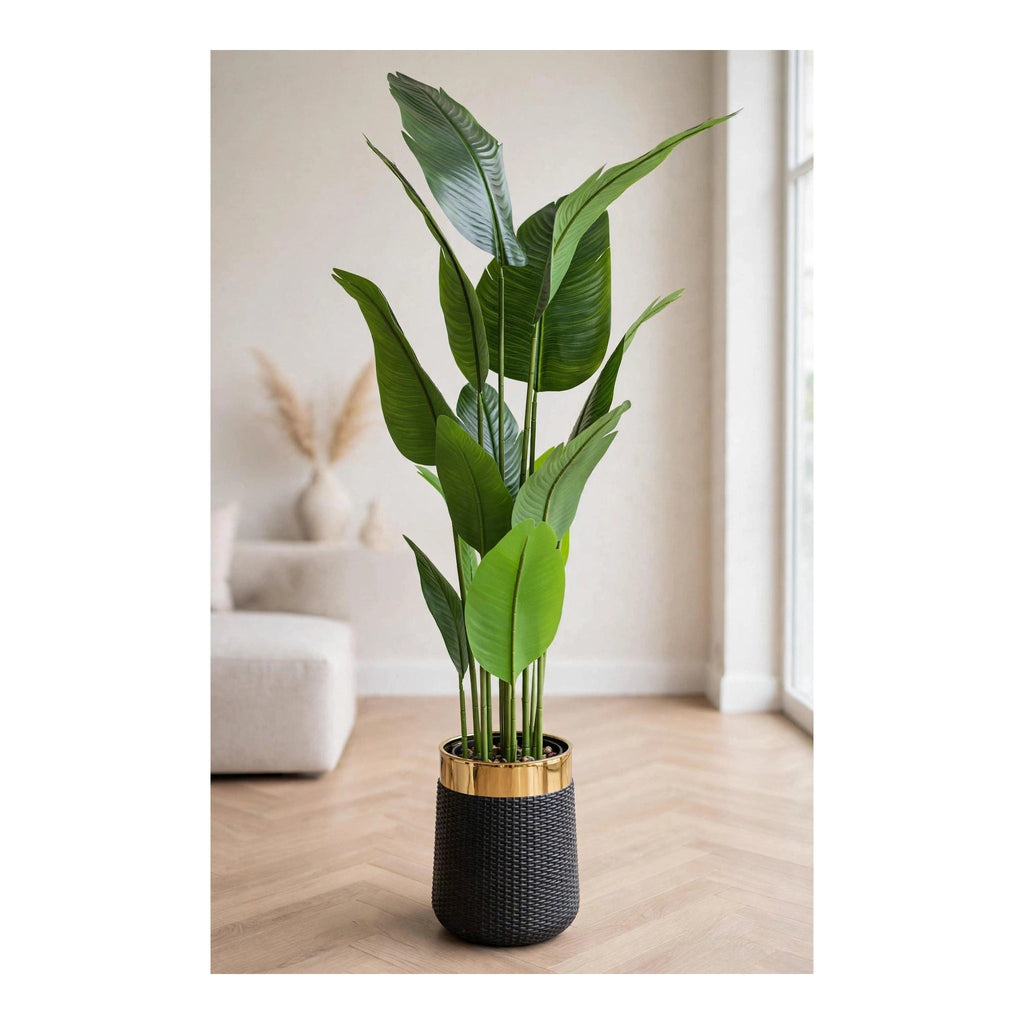 Artificial Bird of Paradise Plant 68 inch in black and gold pot – lifestyle shot