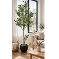 Artificial Olive Tree 62 inch in a black round pot styled in a modern living room