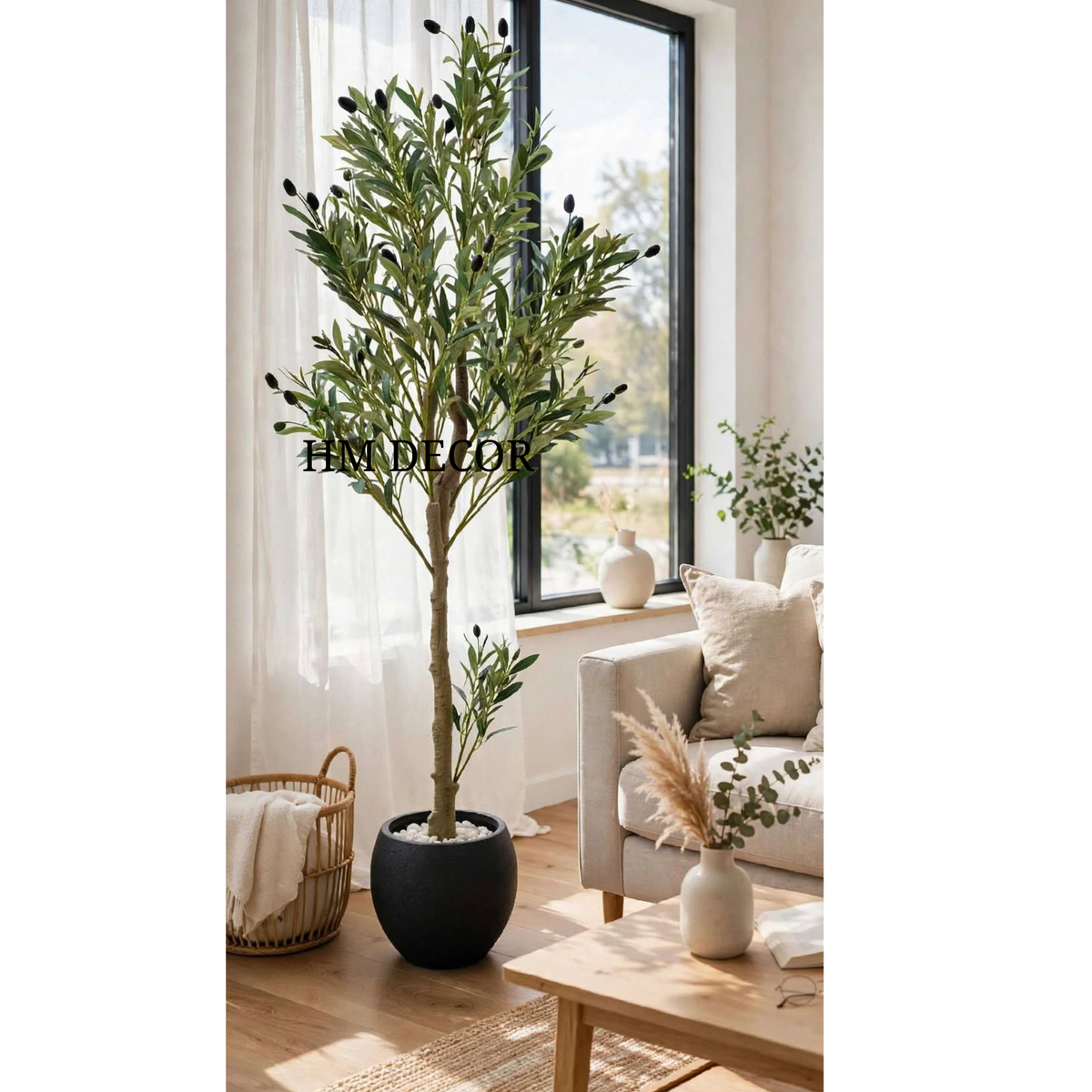 Artificial Olive Tree 62 inch in a black round pot styled in a modern living room
