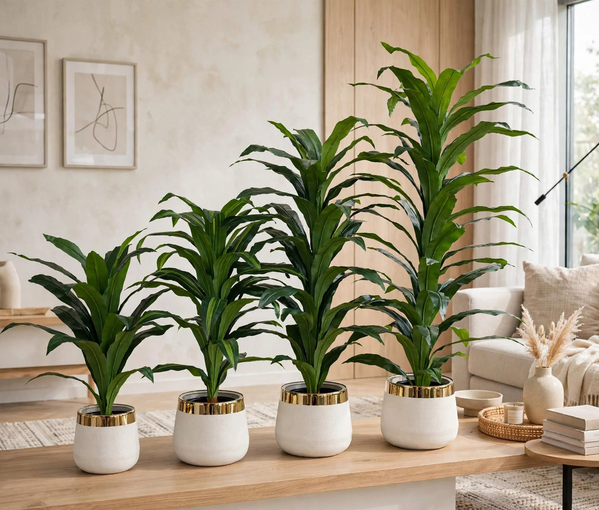 Artificial Dracaena Plant in White and Gold Ceramic Pot – 4 Sizes