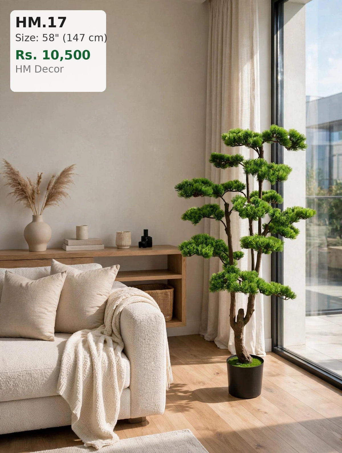 HM.17 Artificial Cloud Bonsai Tree 58 inch tall in a black pot styled in a modern living room by HM Decor