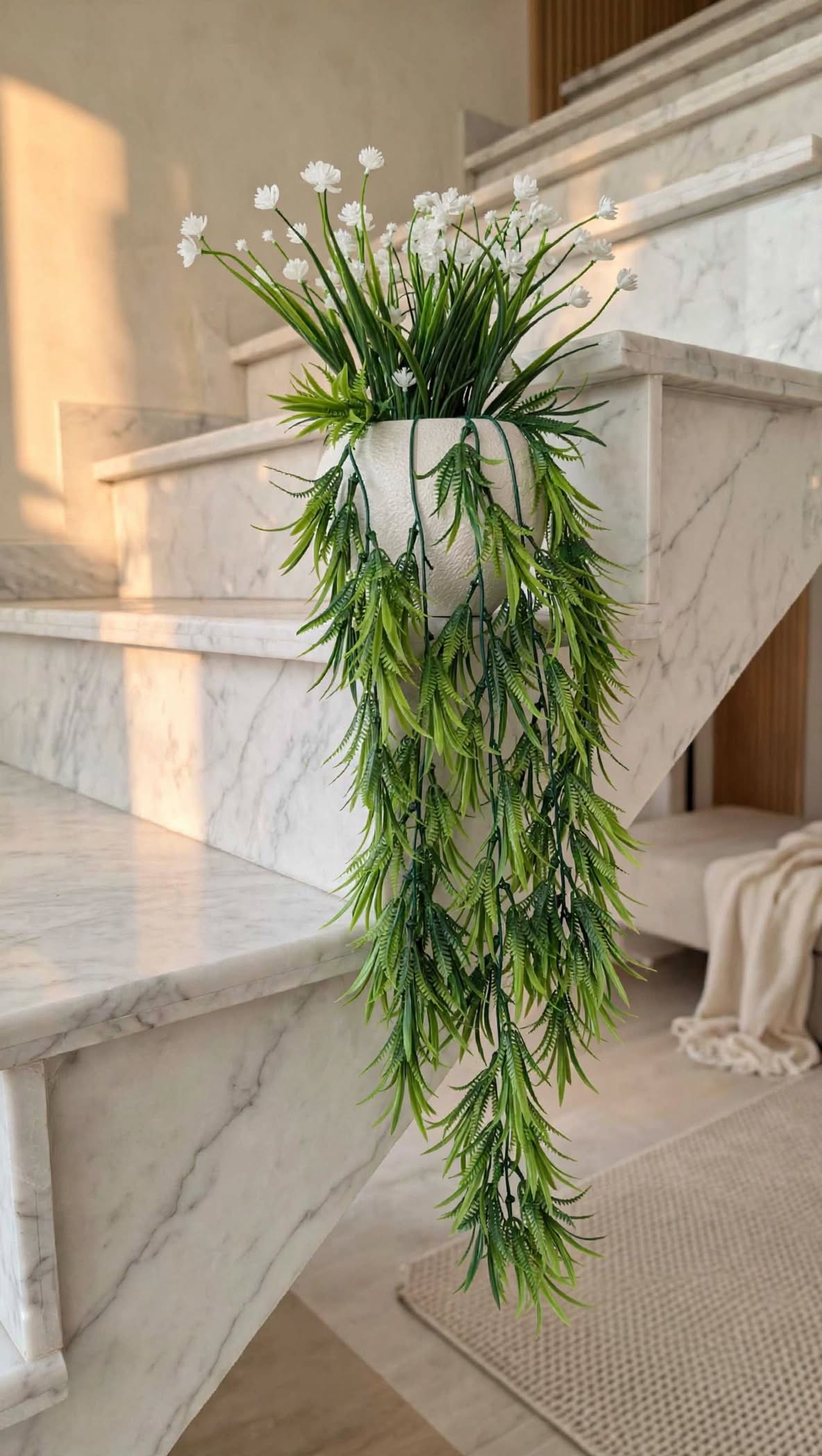 Artificial hanging plant in white pot on staircase