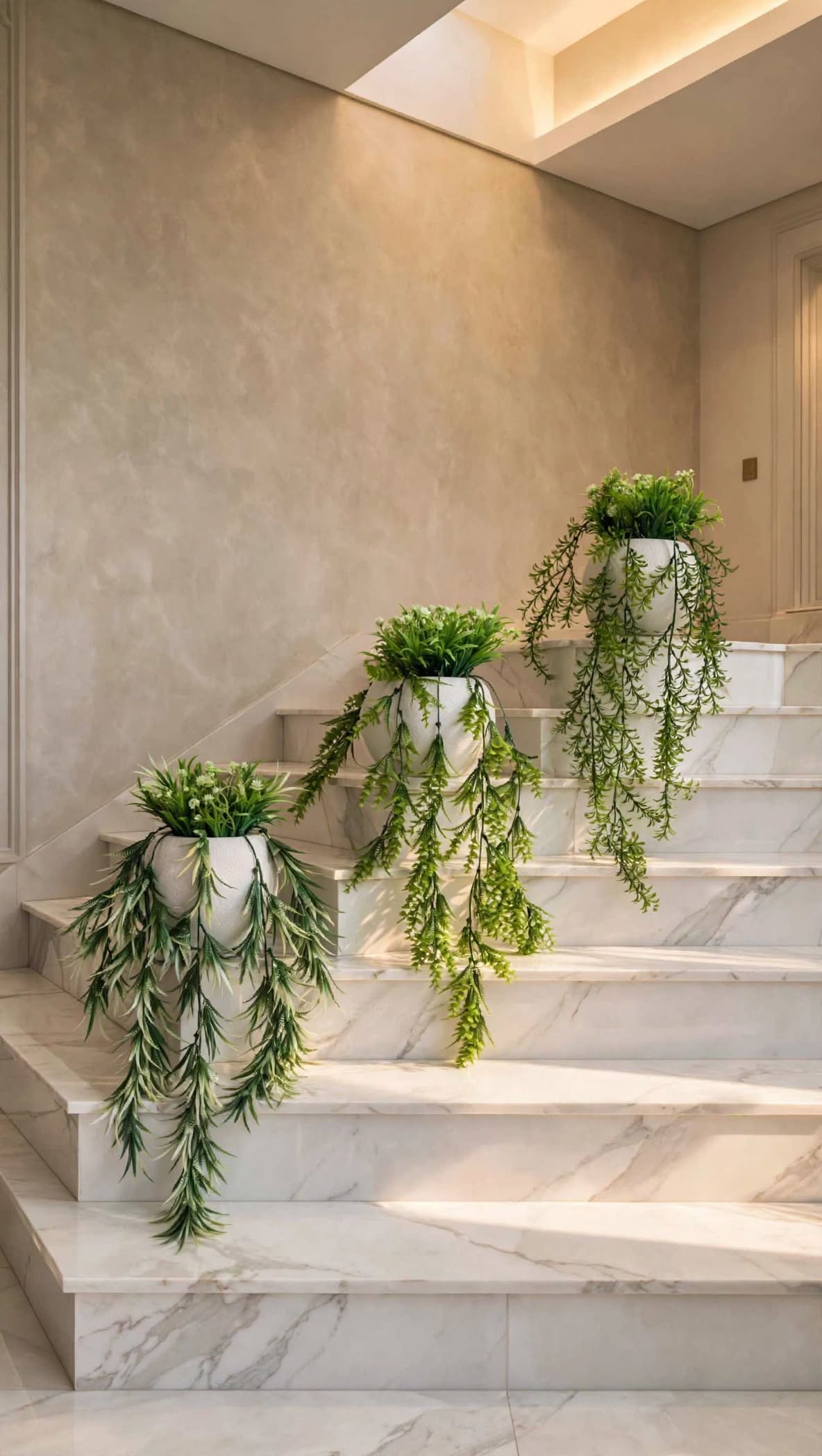 Multiple artificial hanging plant arrangements on staircase