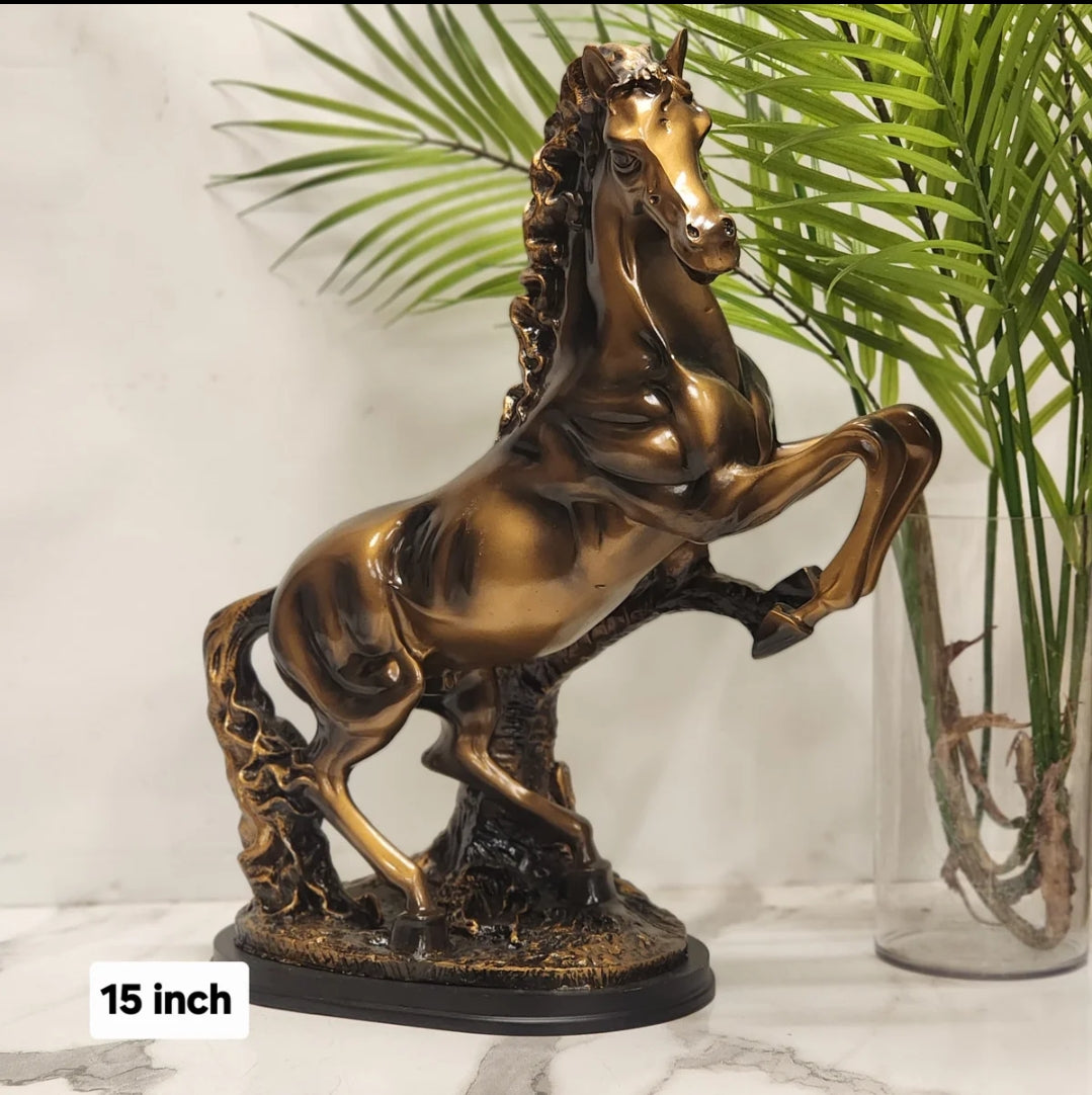 Bronze rearing horse figurine 15 inch antique finish on marble surface