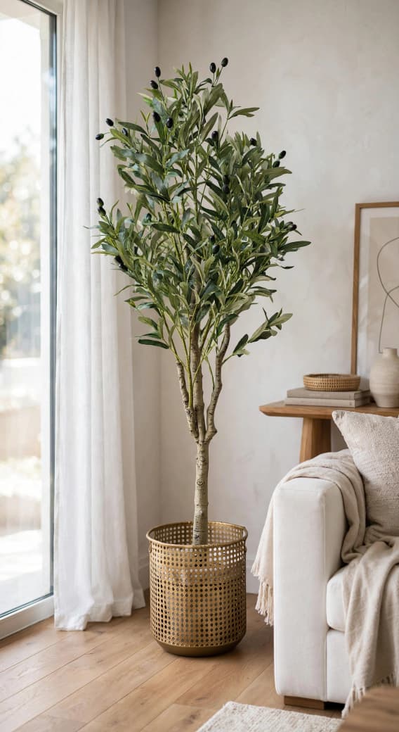 Artificial olive tree 60 inch tall in a rattan pot in a living room setting