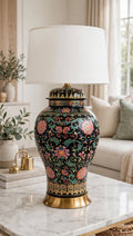 36-inch Cloisonné Ginger Jar Table Lamp with white drum shade, gold brass base, and hand-painted black floral motifs