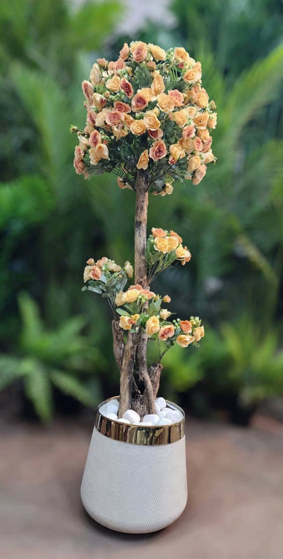 Artificial rose topiary tree 55 inch in white gold pot