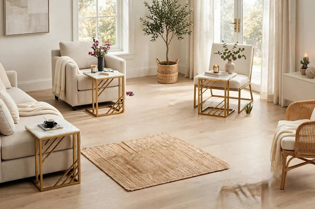 Seven-piece table set with white-look tops and gold-toned frames arranged as a coffee table