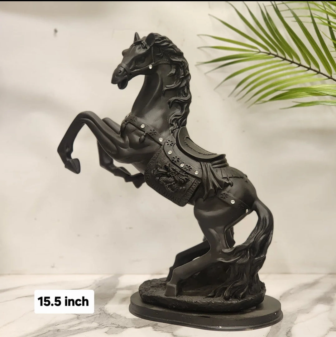 Rearing horse figurine matte black 15.5 inch with decorative saddle