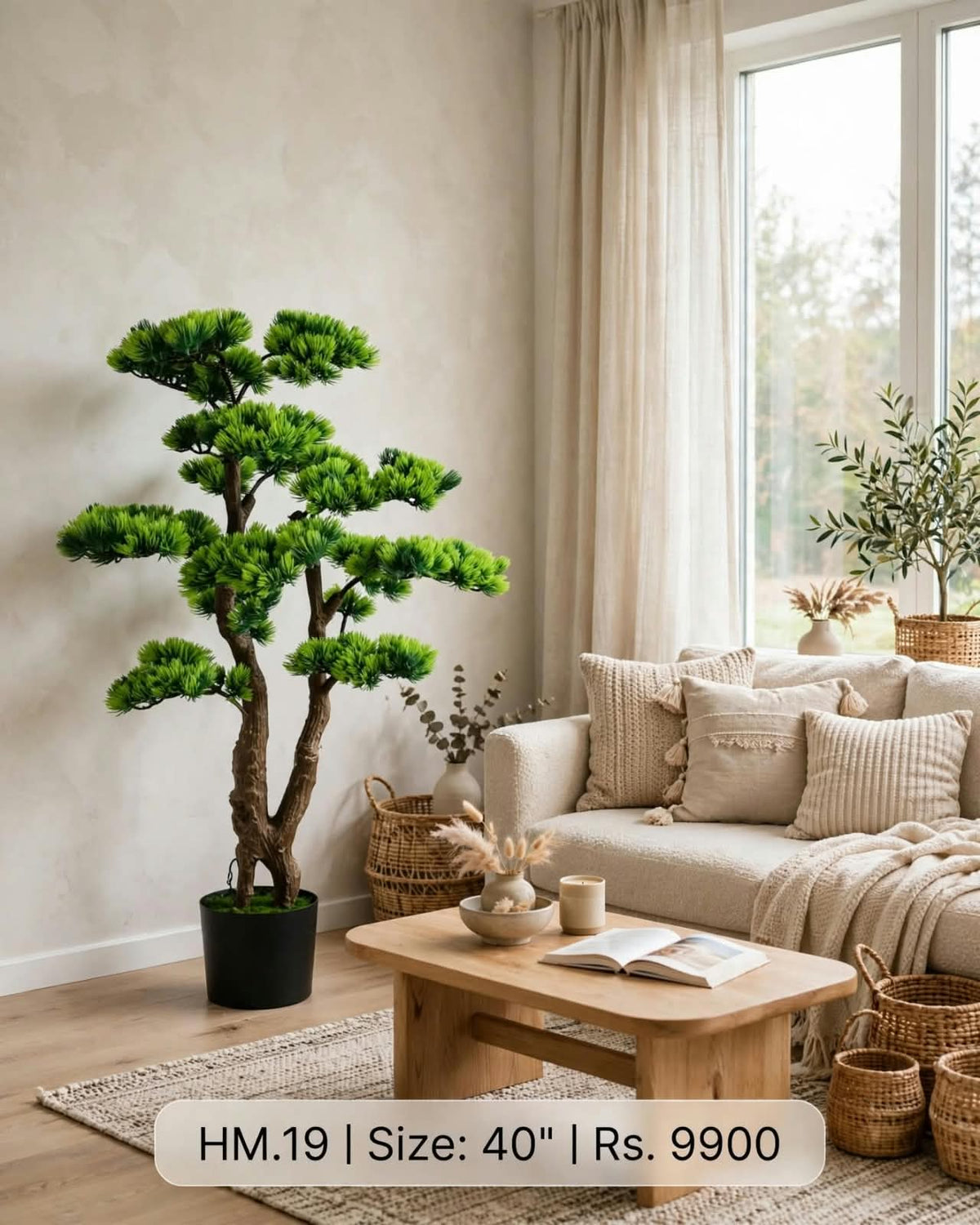 Artificial Bonsai Pine Tree 40 inch HM.19 in a modern living room setting