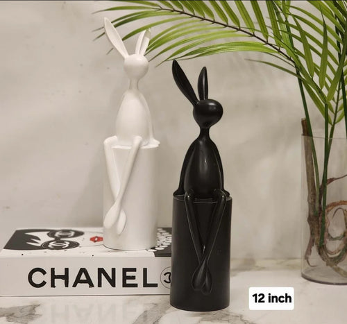 Abstract rabbit figurine in matte black and white, 12 inch