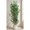 Tall leafy decorative plant in a white textured pot with gold-toned rim