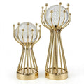 Set of 2 bubble crystal ball gold wire crown stand sculptures on white background