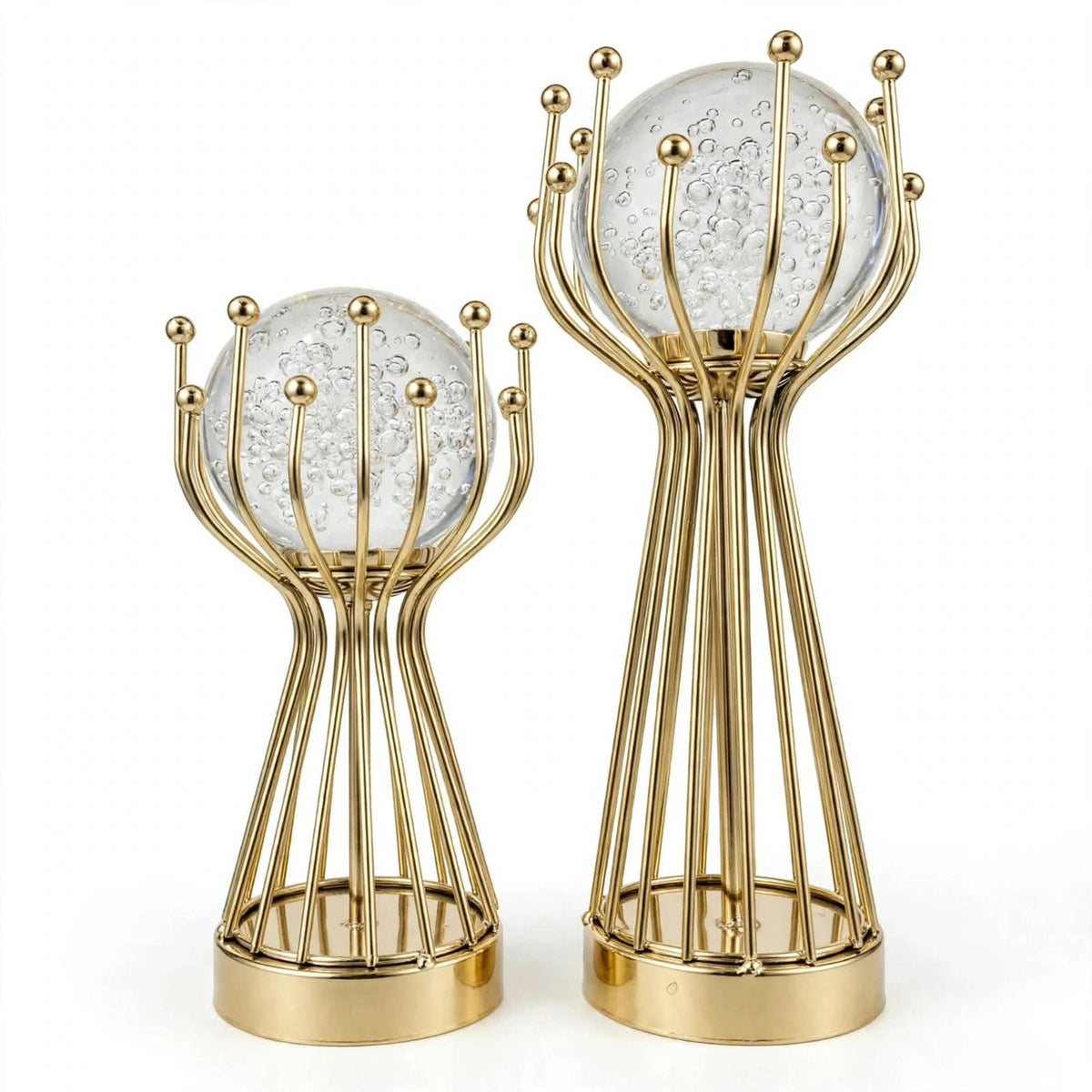 Set of 2 bubble crystal ball gold wire crown stand sculptures on white background
