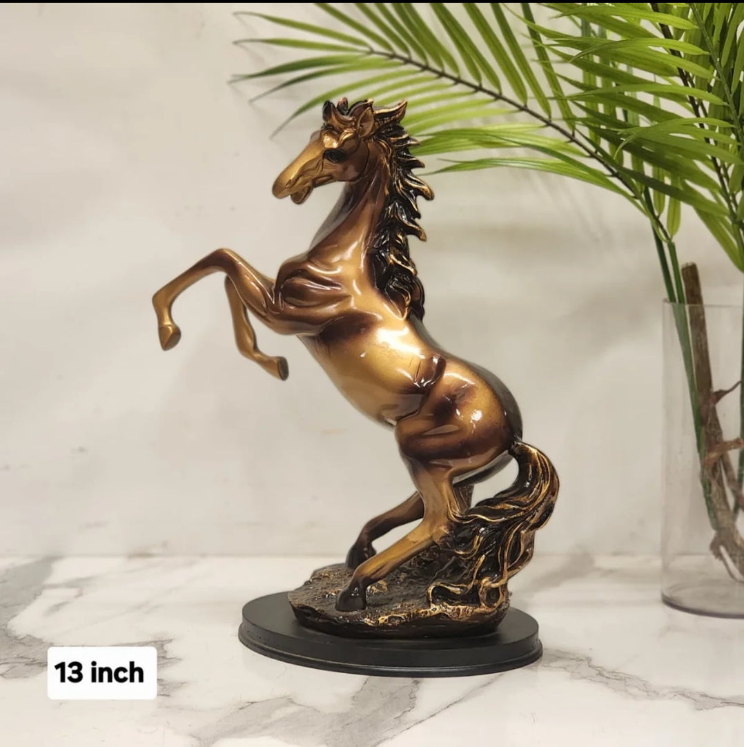 Bronze rearing horse figurine 13 inch antique finish on marble surface