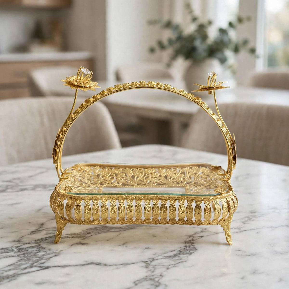 Gold serving tray styled with small sweets