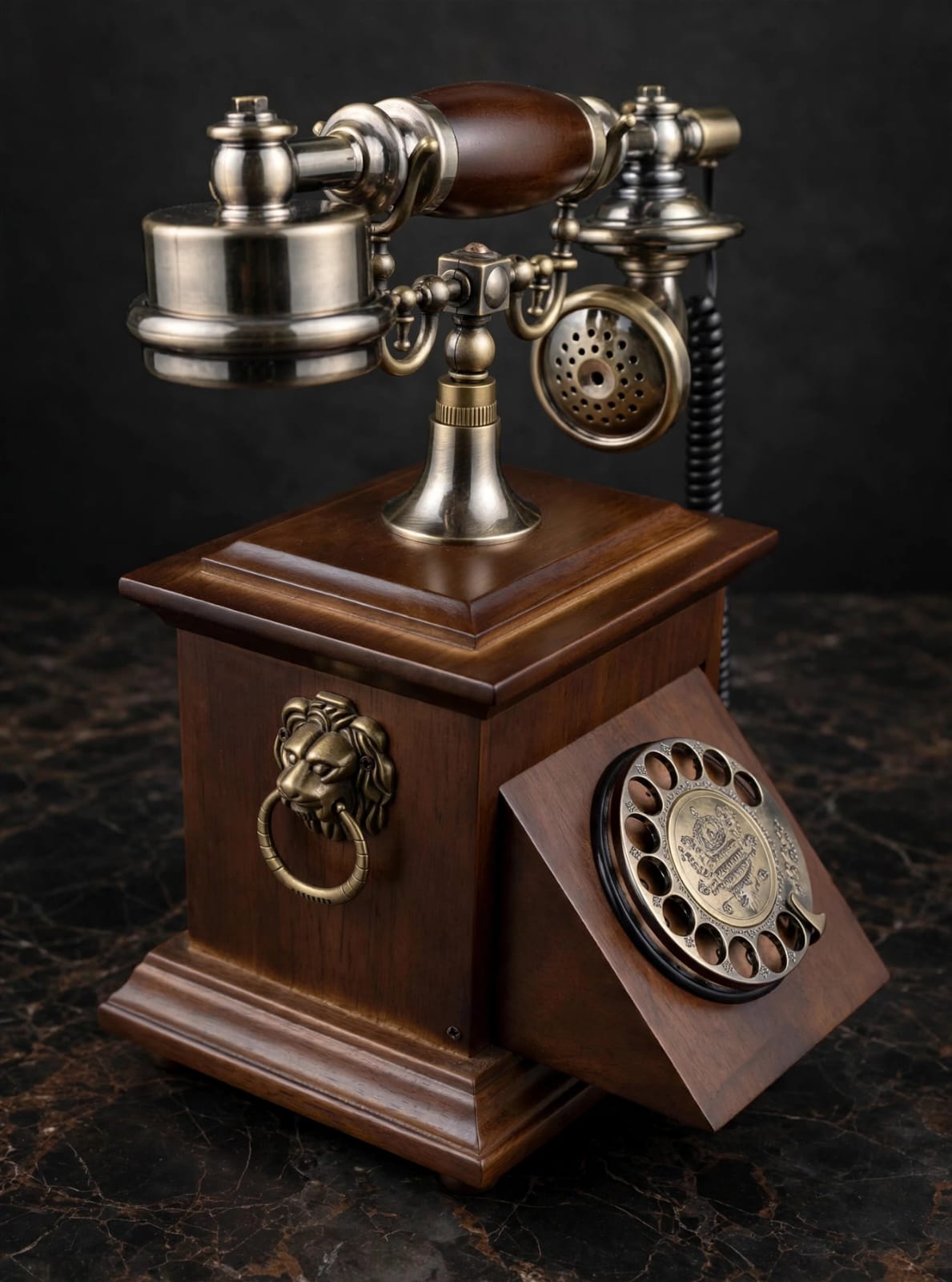 Antique rotary phone side view – lion head brass accent and rotary dial