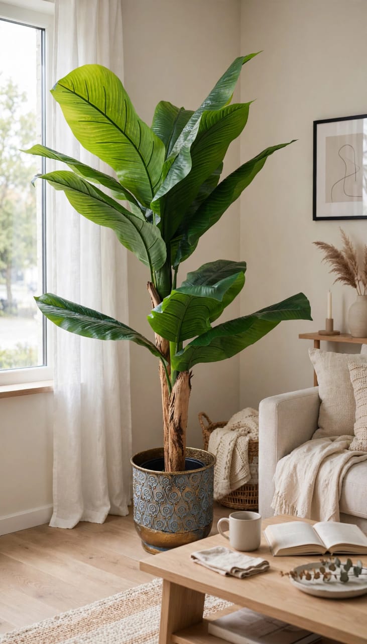 58-inch artificial banana leaf plant in a decorative pot in a cozy living room setting