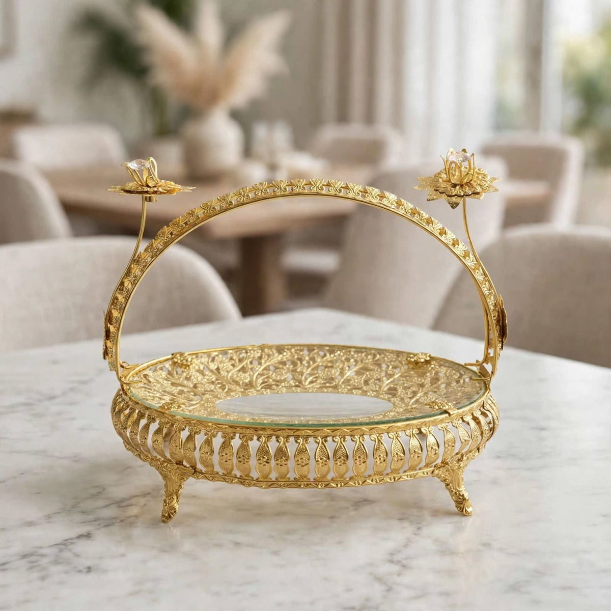 Front view of ornate gold serving tray
