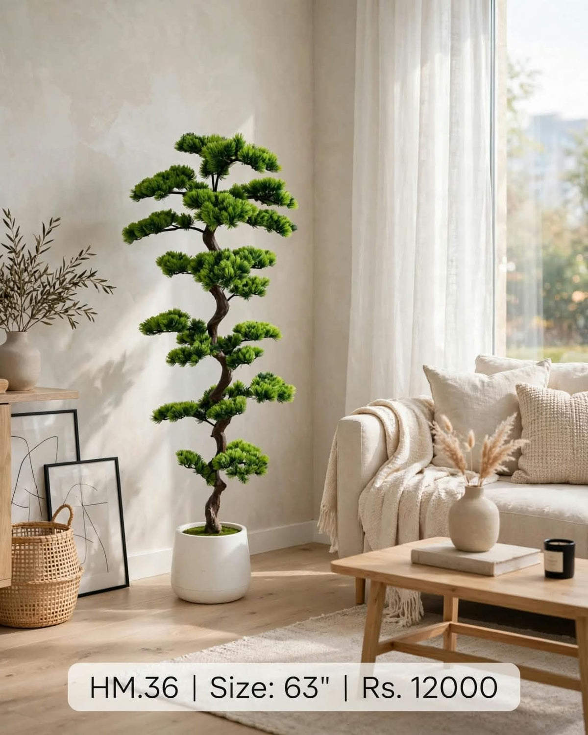 Artificial Bonsai Pine Tree 63 inch in white ceramic pot