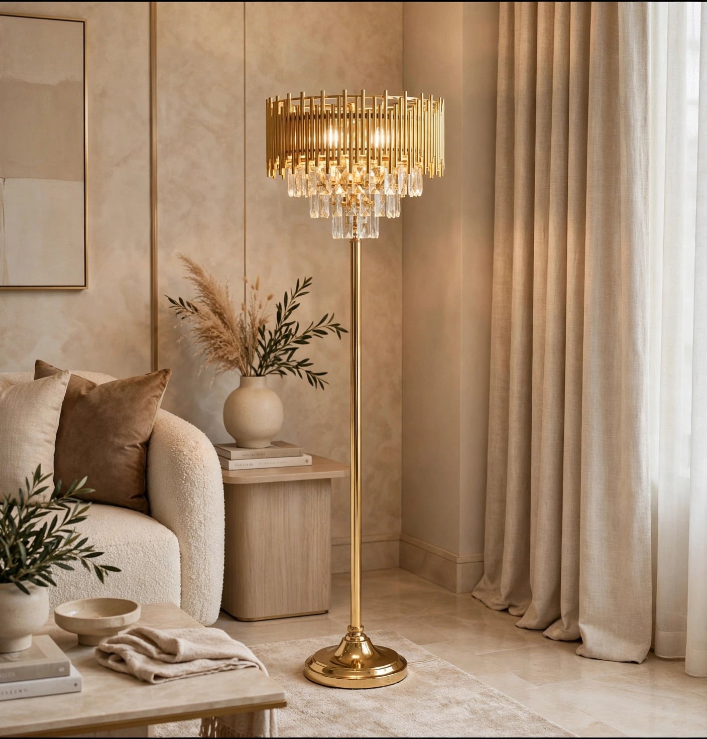 Crystal gold floor lamp with tiered crystal glass drops in a luxury living room