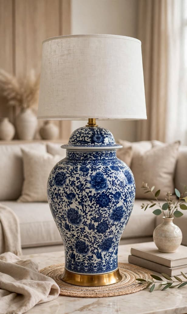 36-inch Blue and White Porcelain Ginger Jar Table Lamp with cobalt floral motifs, gold brass base, and white drum shade in a luxury living room setting
