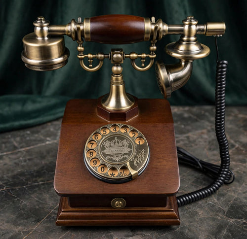 Antique Rotary Phone with Crown Emblem | Vintage Brass Dial Telephone Decor
