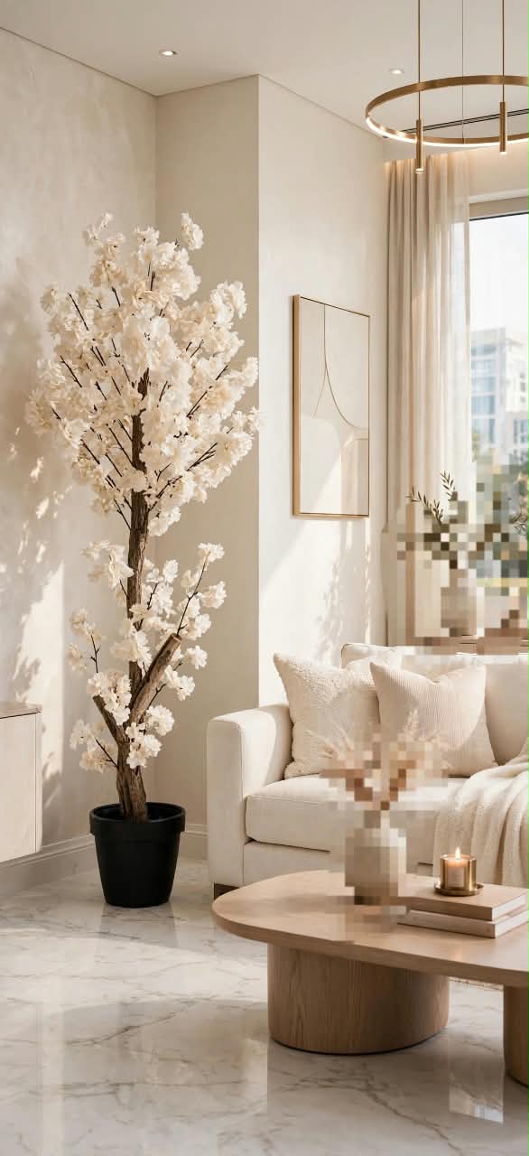 Artificial white cherry blossom tree in cream living room with chandelier