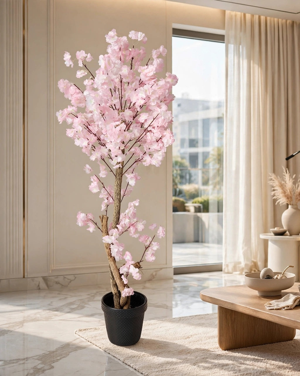 Artificial pink cherry blossom tree in black pot in luxury living room