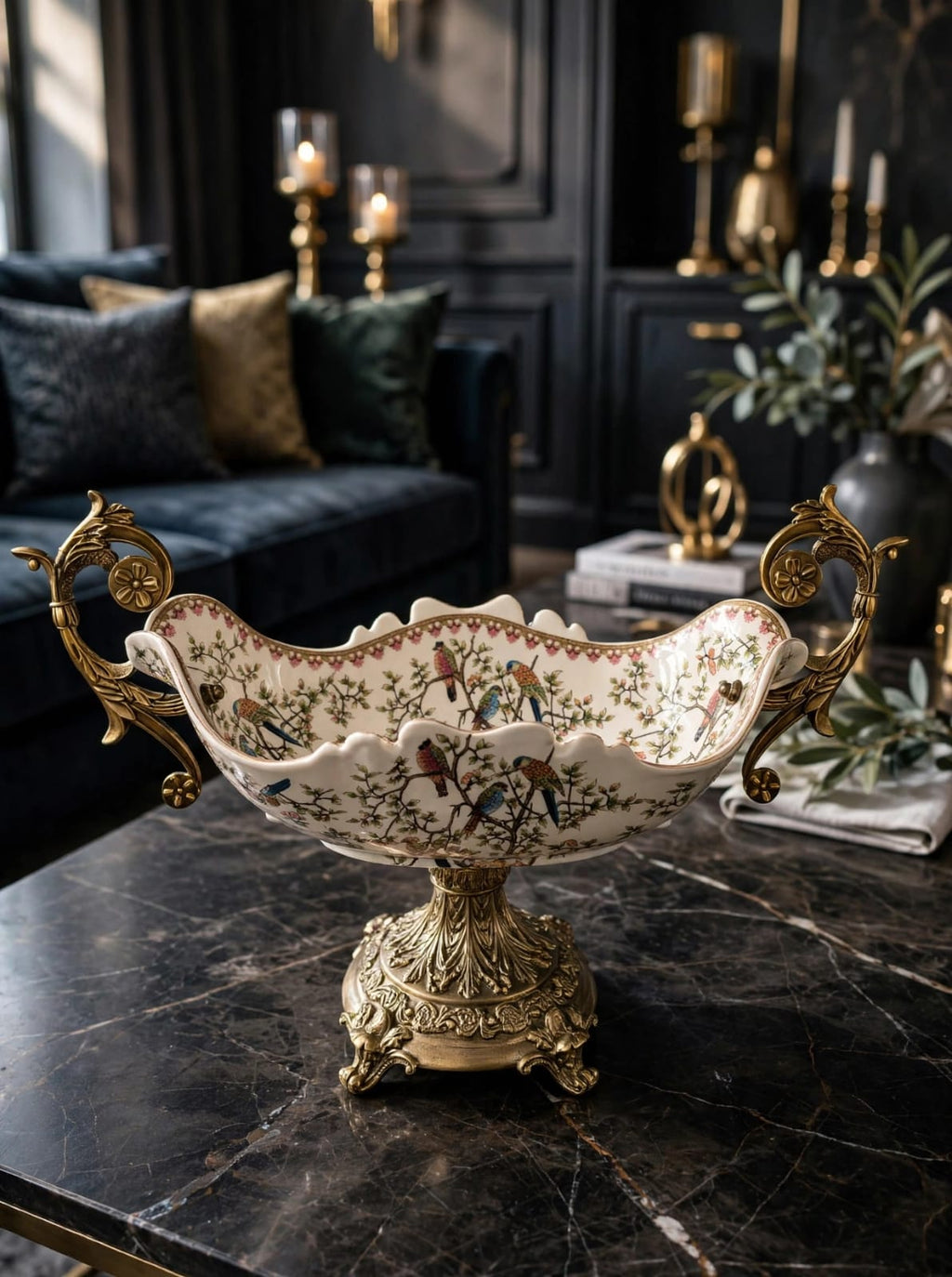 Porcelain bird print centerpiece bowl with brass handles on black marble table