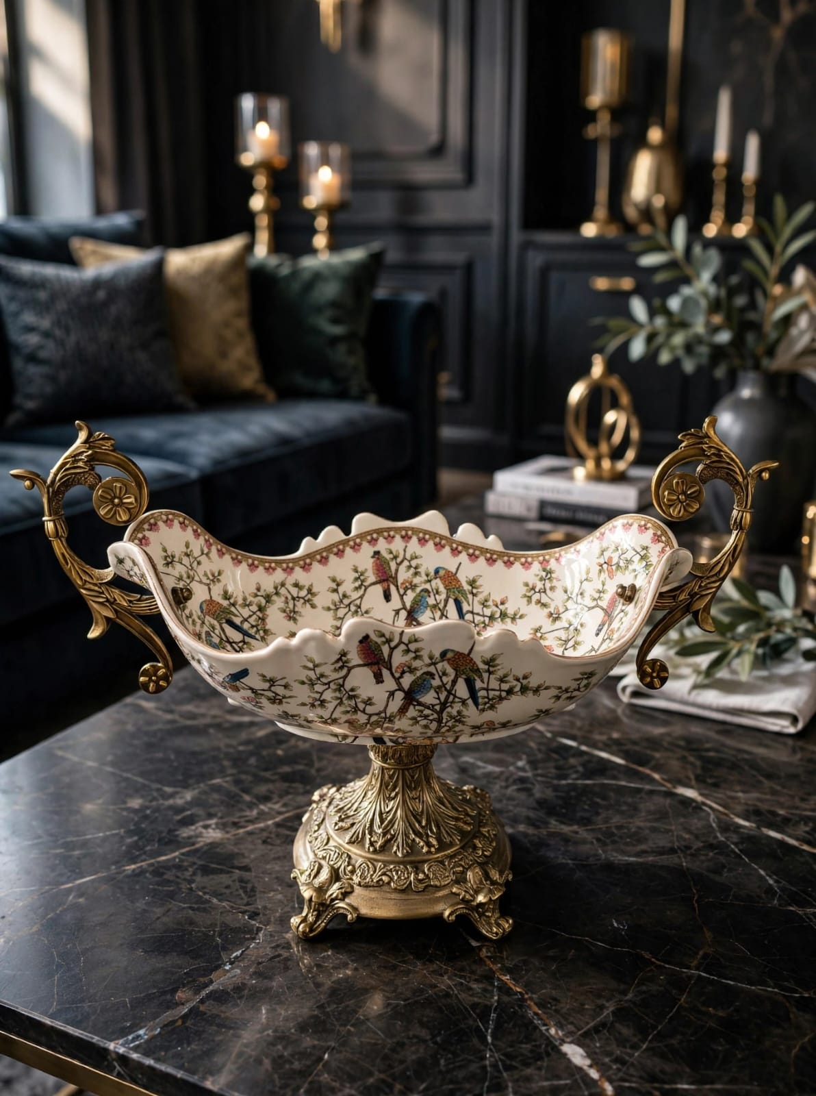 Porcelain bird print centerpiece bowl with brass handles on black marble table