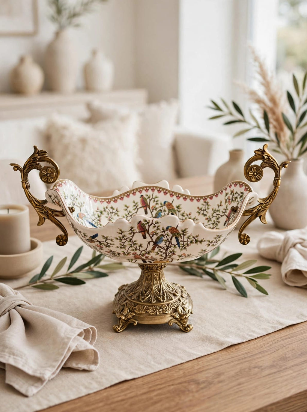 Porcelain bird print centerpiece bowl with brass handles on neutral dining table