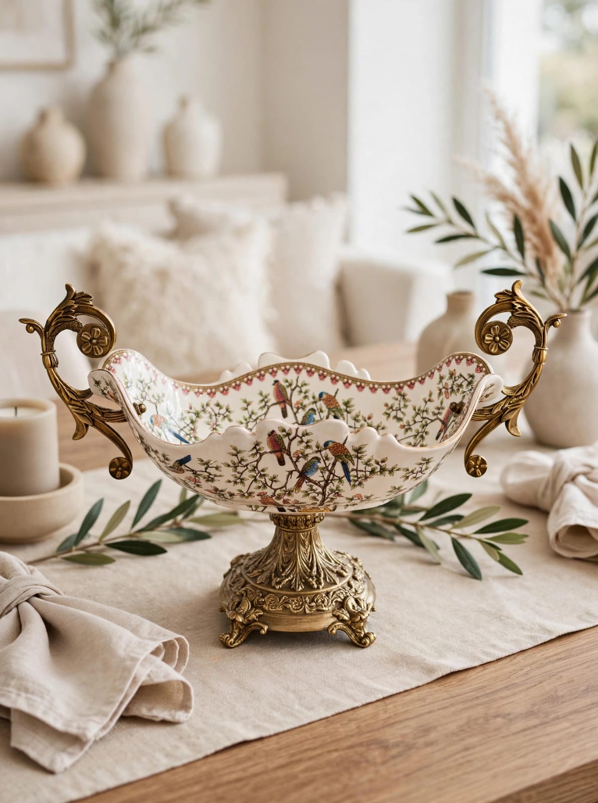 Porcelain bird print centerpiece bowl with brass handles on neutral dining table