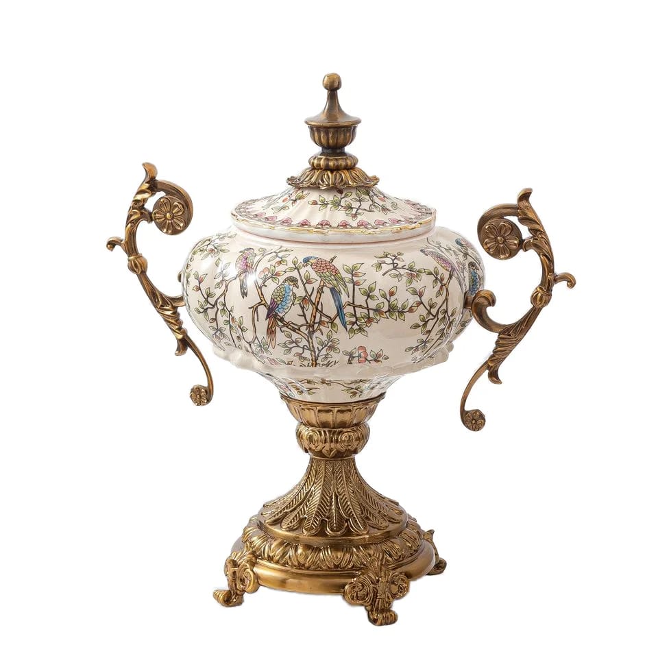 Porcelain lidded urn with bird print and brass handles