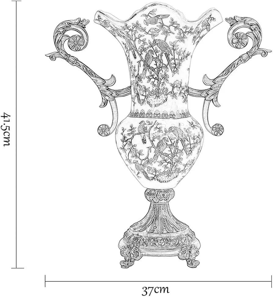 Dimensions diagram of European porcelain vase — 41.5cm height, 37cm width