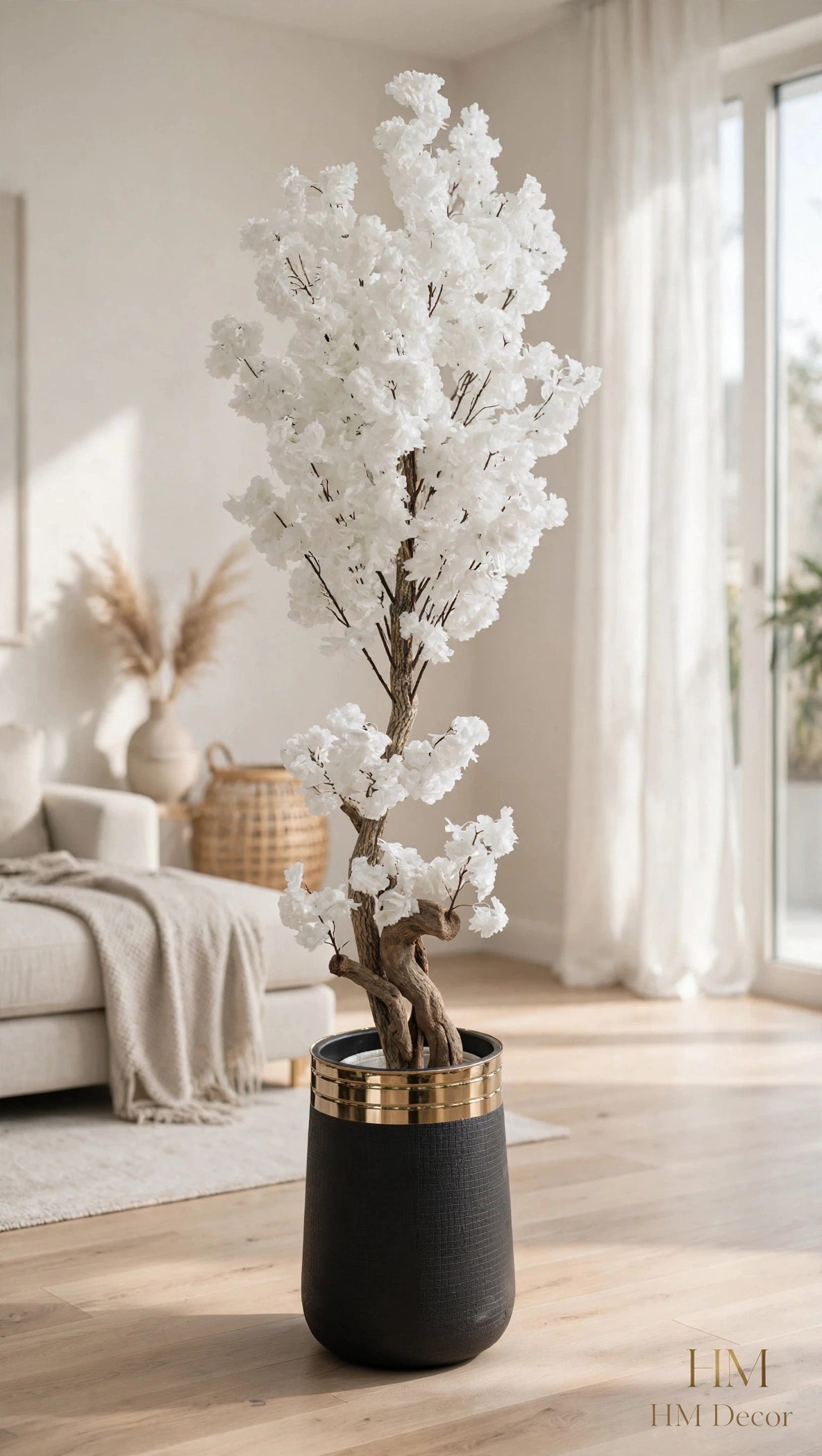 Artificial lavender purple blossom tree 72 inch with white and gold decorative pot in a bedroom