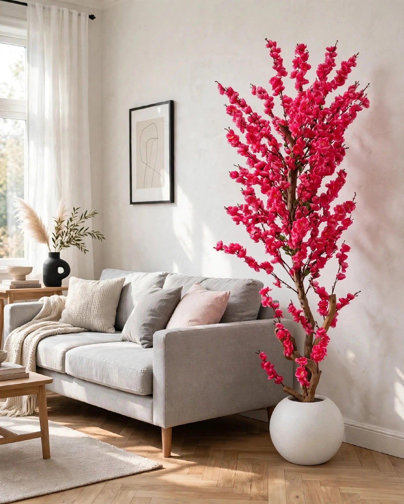 Artificial red pink blossom plant 65 inch with white pot in living room