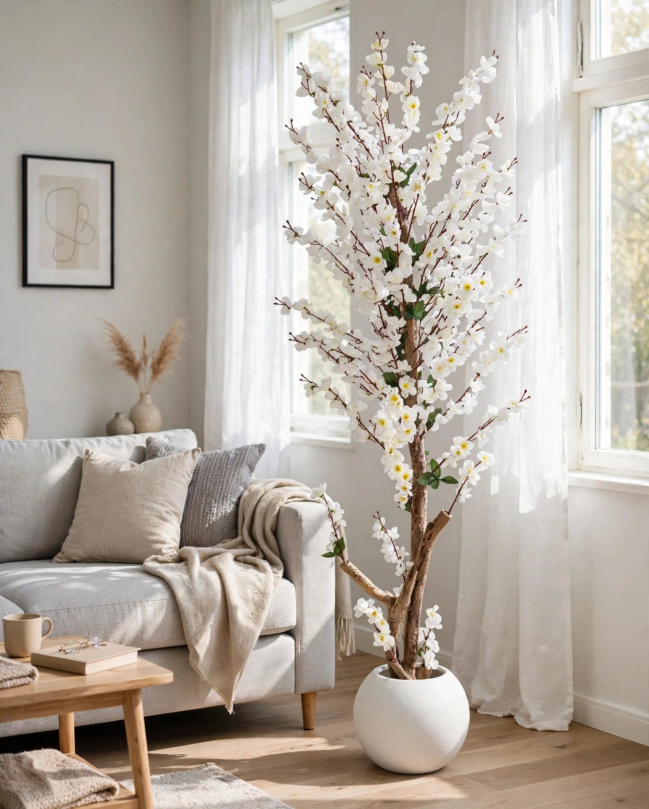 Artificial white blossom plant 65 inch with white pot in living room