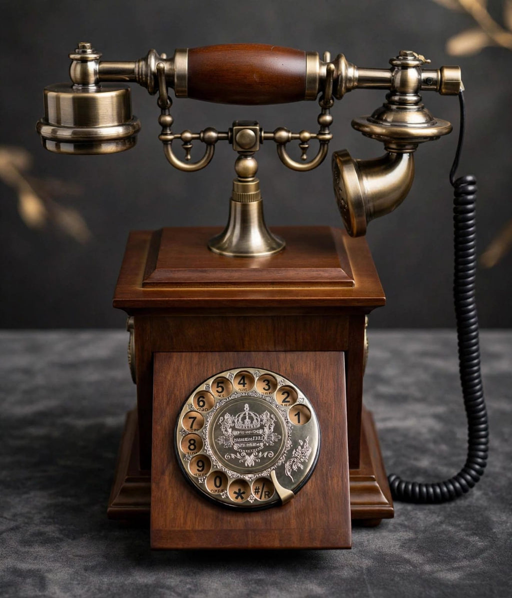 Antique rotary phone front view – wooden cabinet with brass crown dial