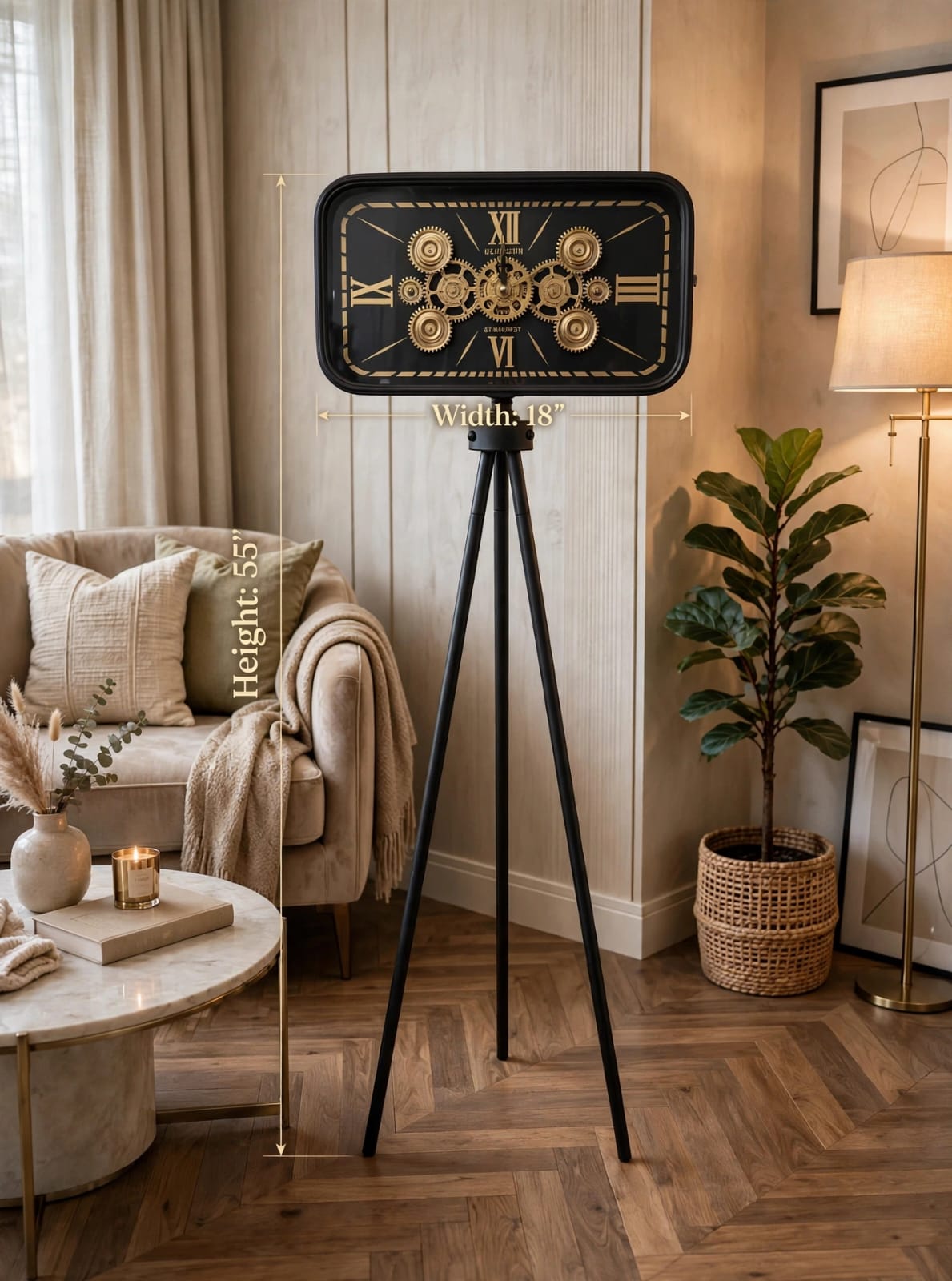Industrial Gears Tripod Floor Clock in black and gold, 55 inches tall with 18 inch wide clock face, displayed in a luxury living room