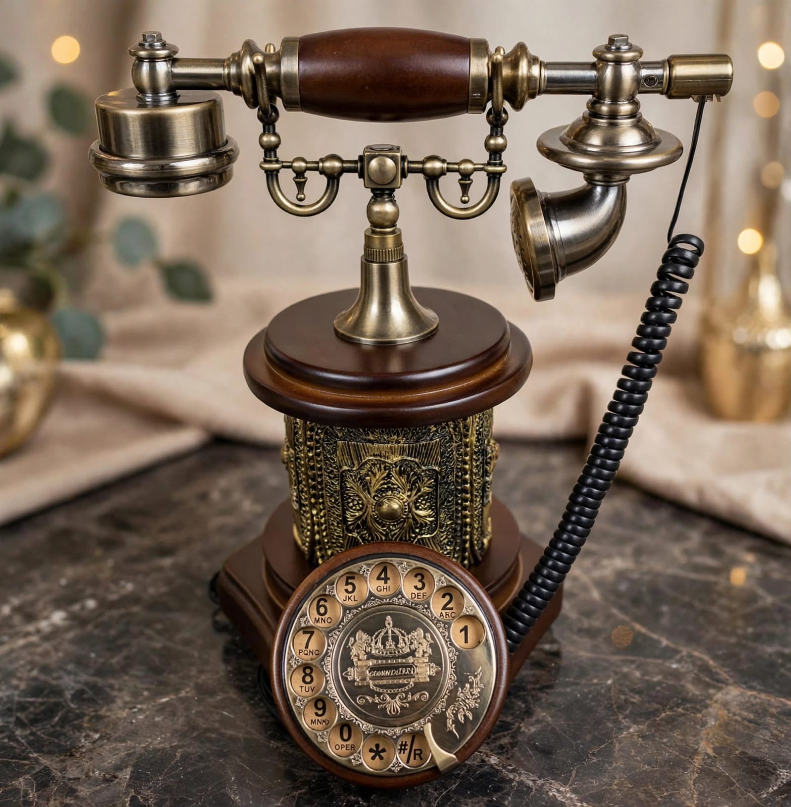 Antique Rotary Phone with Crown Emblem | Vintage Brass Dial Telephone Decor