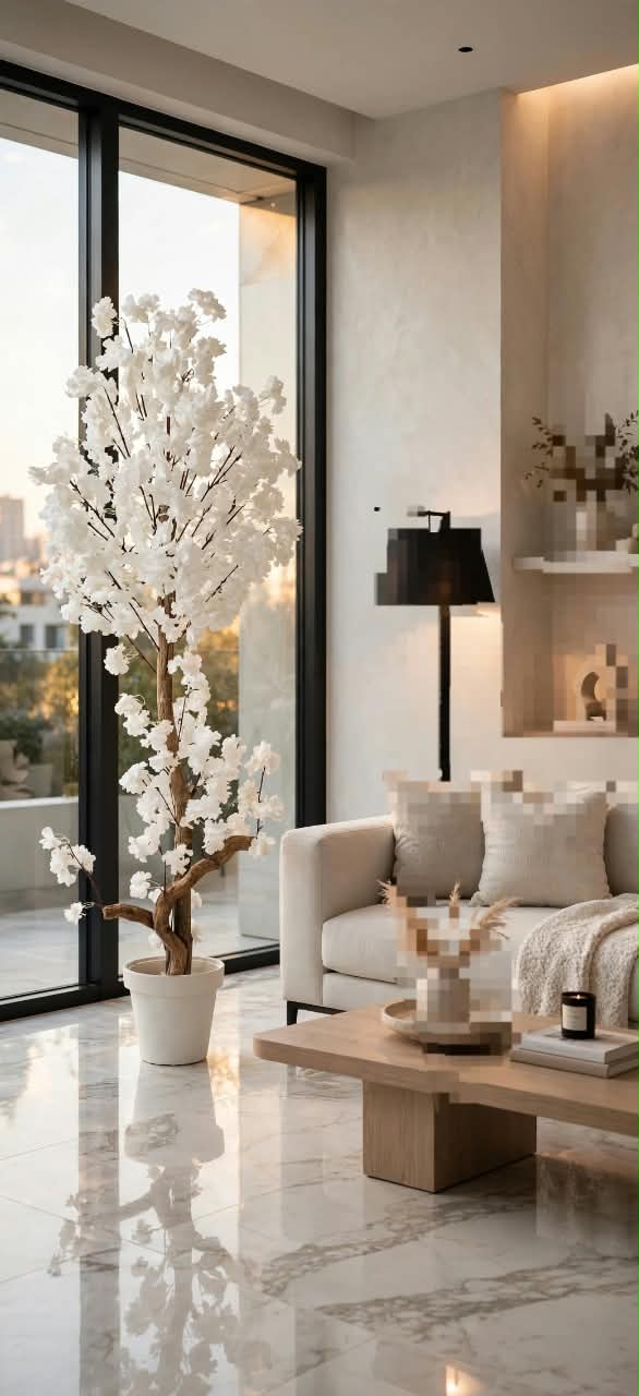 Artificial white cherry blossom tree by window in modern living room
